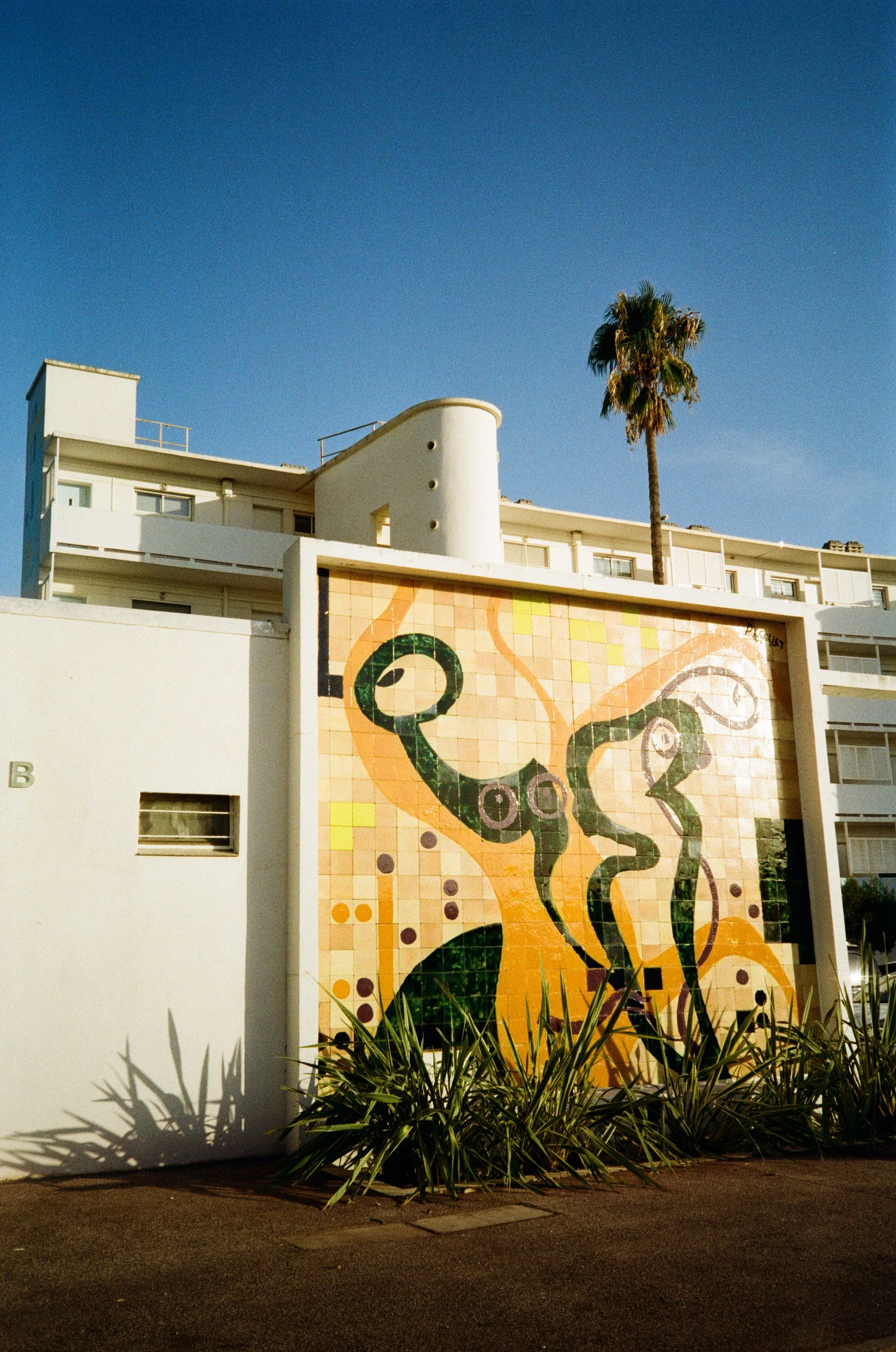 Sunlit white building with colorful mural featuring abstract shapes, a tall palm tree, and shadows of plants cast on the ground.