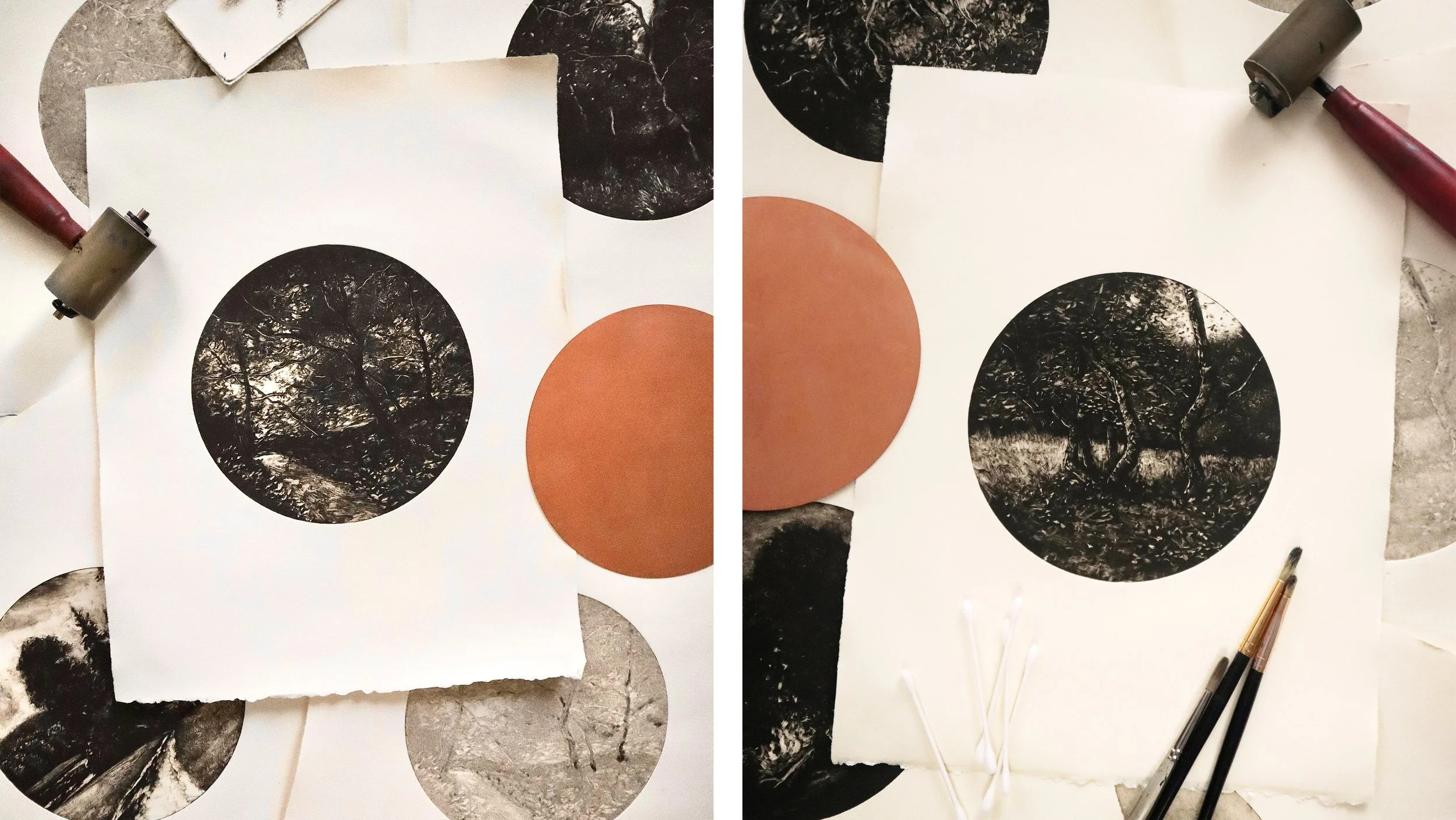 Groupings of various printed sheets of paper with round monotypes, tondo landscapes, on a studio table.