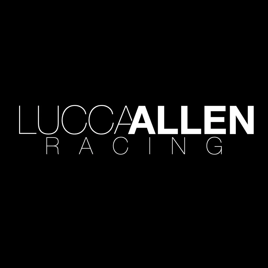 Lucca Allen Racing logo with black background, white and gray text in a modern font.