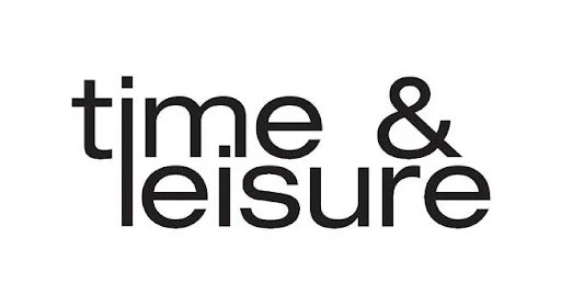 The text 'time & leisure' in black lowercase font on a white background.