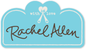 Light blue sign with black outlined border, reads 'with love Rachel Allen' with a small heart and bow graphic above the text.
