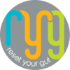 Colorful circular logo with overlapping 'r' and 'g' letters and the slogan 'test your gut'