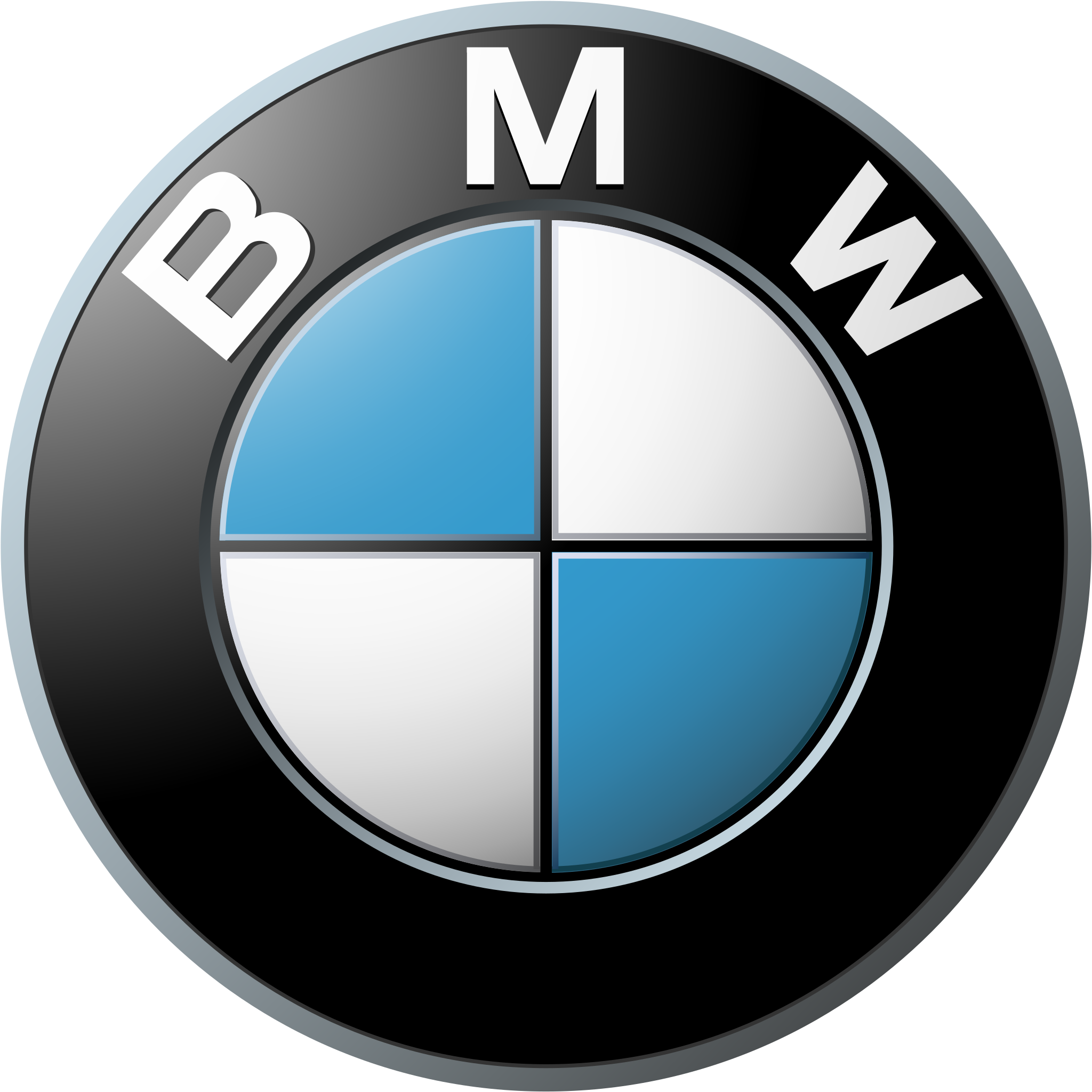 Close-up of a BMW logo, featuring a circular emblem with a black outer ring and a checkered blue and white interior.