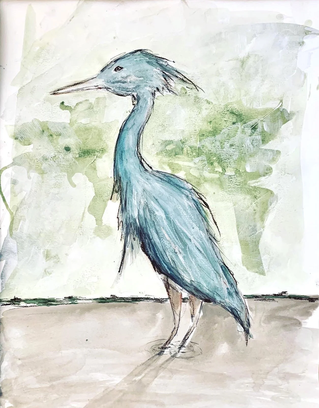 Watercolor painting of a heron standing on a surface with a green leafy background.