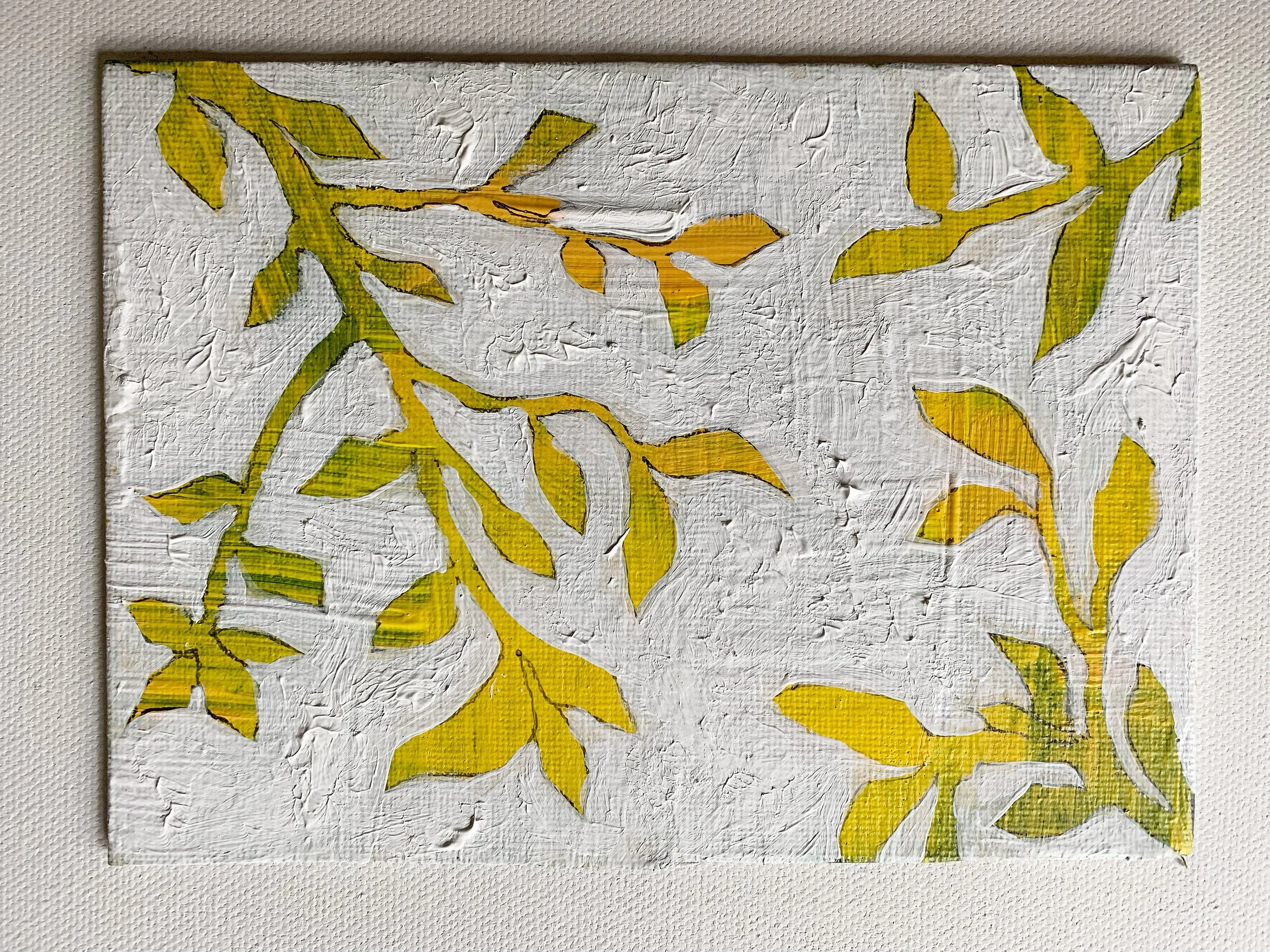 A textured painting of yellow and green leaves on white canvas.