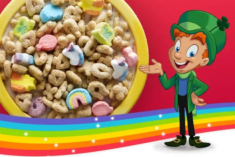 Colorful cereal with rainbow and leprechaun cartoon pointing
