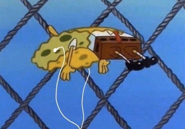 A cartoon of SpongeBob SquarePants with a broken radio on his face, lying on a rope net underwater, listening to earphones.