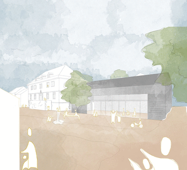 Illustration eines modernen Gebäudekomplexes mit einer grauen Fassade, umgeben von Bäumen, mit skizzierten Personen im Vordergrund. Der Himmel ist bewölkt, und ein weiteres Gebäude ist links im Hintergrund erkennbar.