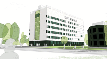 Animation eines modernen Gebäudekomplexes mit Bäumen und schematischen Personen. Das weiße mehrstöckige Gebäude hat grüne Fenster und einen zeitgenössischen architektonischen Stil; die Umgebung ist minimalistisch gestaltet.