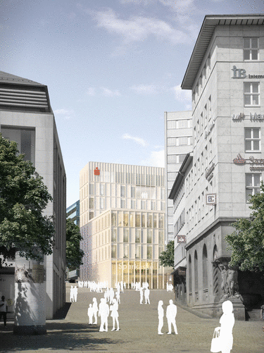 Architektonische Darstellung eines städtischen Bereichs mit modernen Gebäuden, zahlreichen Fußgängern und Bäumen an einer breiten Straße.