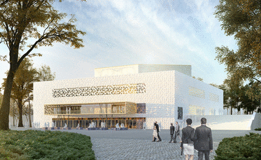 Moderne architektonische Gebäude mit weißer Fassade und Glasfronten, umgeben von Bäumen, mit Menschen, die auf dem Vorplatz gehen.