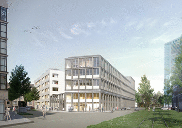 Moderne Bürogebäude und Straßenansicht mit Bäumen und Menschen, blauer Himmel im Hintergrund.