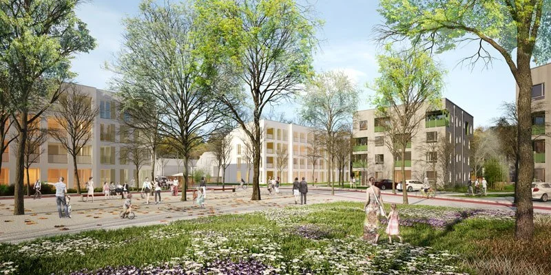 Städtische Wohnanlage mit modernen Gebäuden, Bäumen und Grünflächen; Menschen spazieren und Kinder spielen auf einem Gehweg.