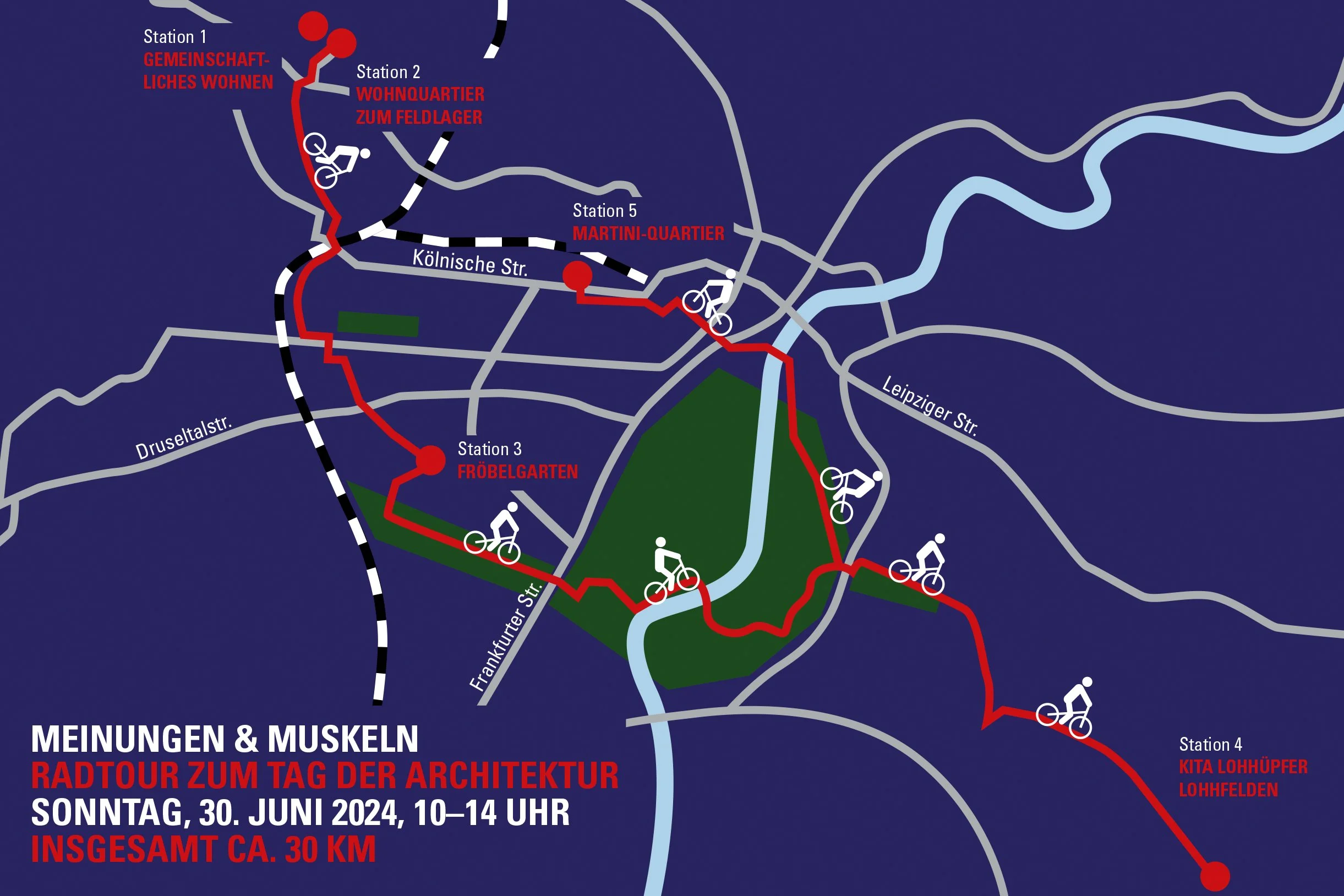 Karte einer Radtour mit Stationen in einer Stadt. Fünf Stationen sind markiert: Gemeinschaftliches Wohnen, Wohnquartier Zum Feldlager, Fröbelgarten, Kita Lohhüpfer Lohfelden, und Martini-Quartier. Die Tour findet am 30. Juni 2024 von 10 bis 14 Uhr statt. Die Route ist rot markiert und insgesamt ca. 30 km lang. Hauptstraßen wie die Kölner Straße und Leipziger Straße sind eingezeichnet.