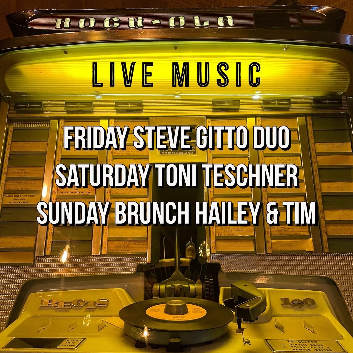 This weekends lineup. 
Friday &amp; Saturday 6:30-9:30 PM 
Sunday Brunch 11:00-2:00 PM 

Outback bar opened for the entire weekend. Tent will be setup for outside Saturday &amp; Sunday!