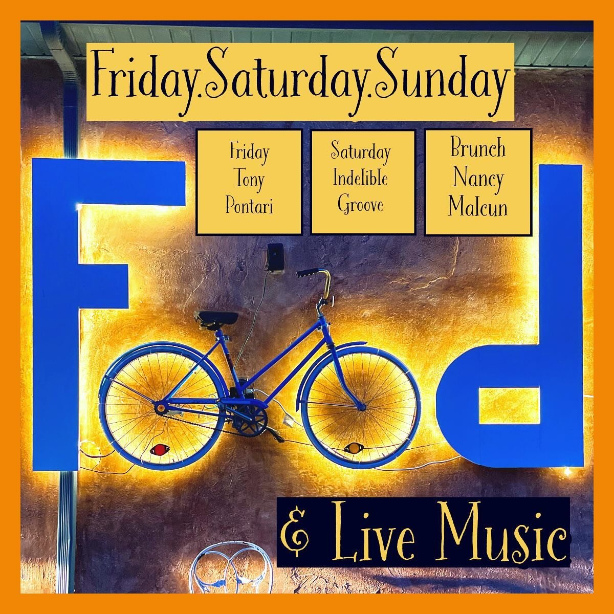 This weekends music lineup! 
Friday &amp; Saturday 6:30-9:30 PM
Sunday 11:00-2:00 PM
