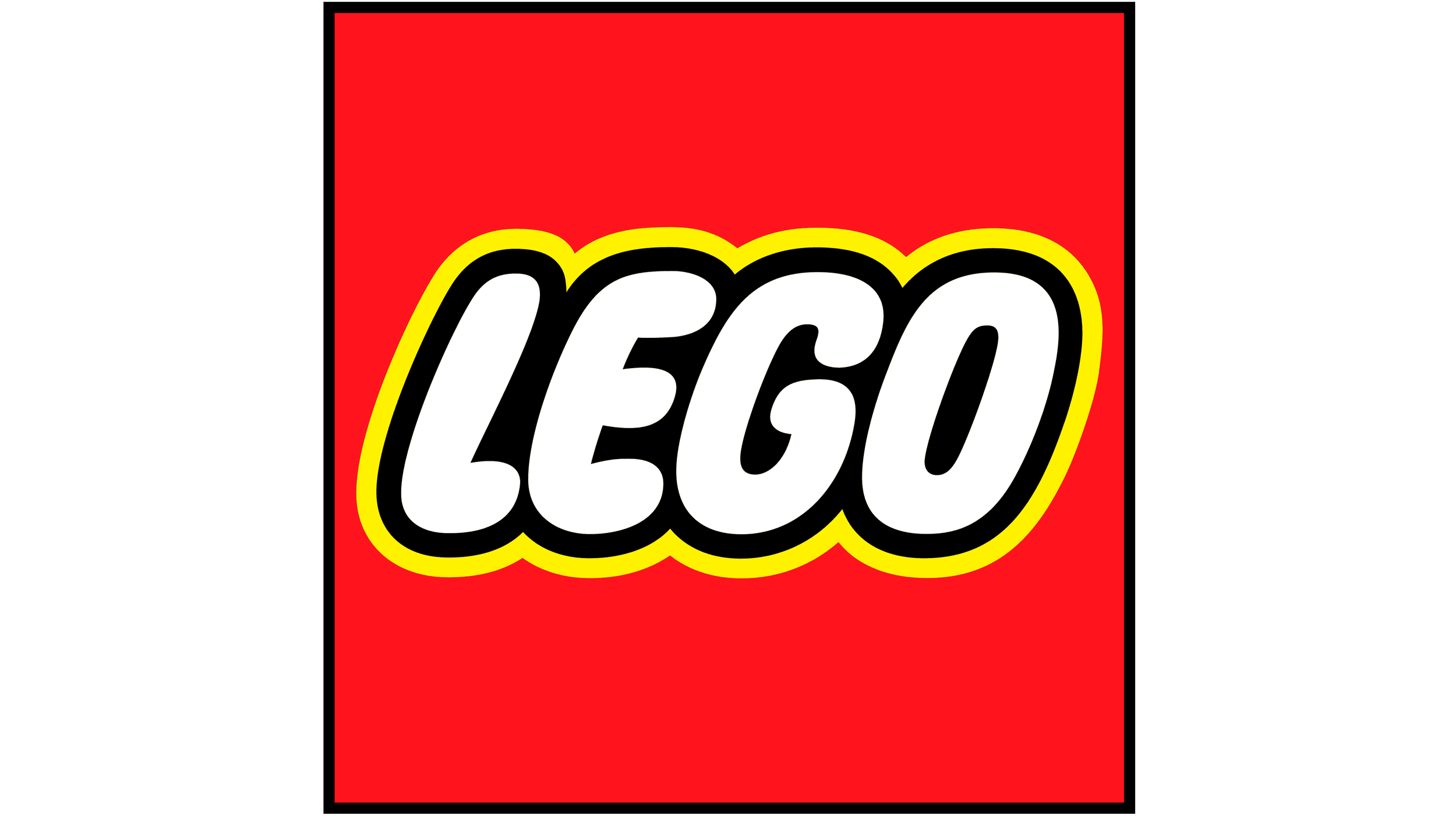 LEGO logo in white with black outline and yellow border on a red background.