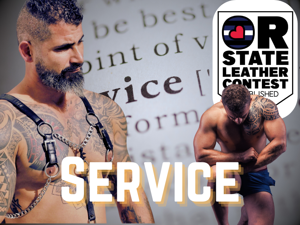 A leather daddy in a harness stands to the left of a kneeling leather boy on a background that is large text apparently the dictionary definition of Service.  Text Reads Service