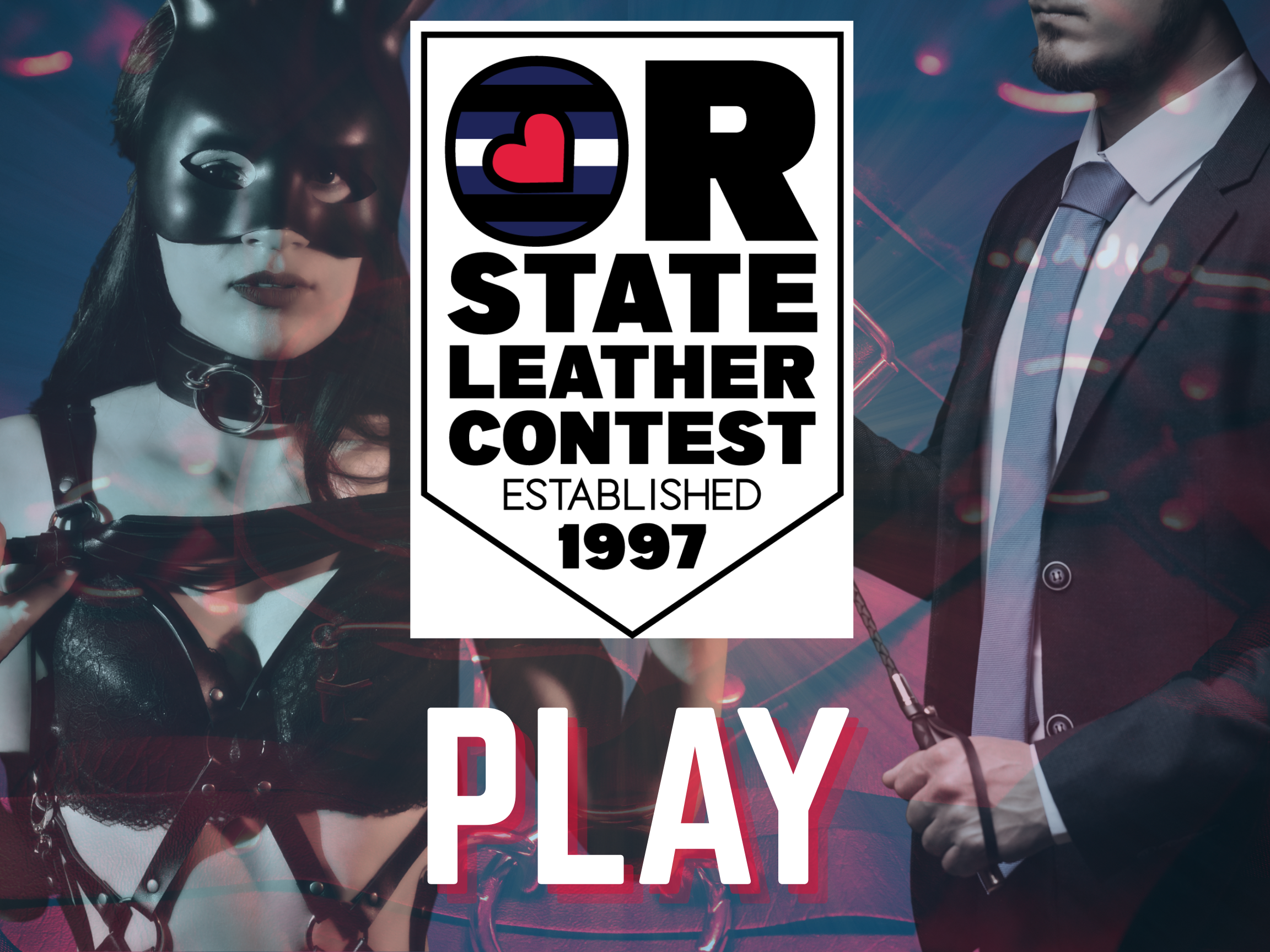 A leather domme and a suited daddy are silhouetted against a backdrop of leather play gear.  Text reads Play