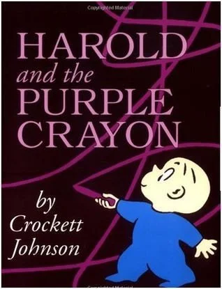Cover art for Harold and the Purple Crayon. A little boy in vlue drawing lines with a crayon.