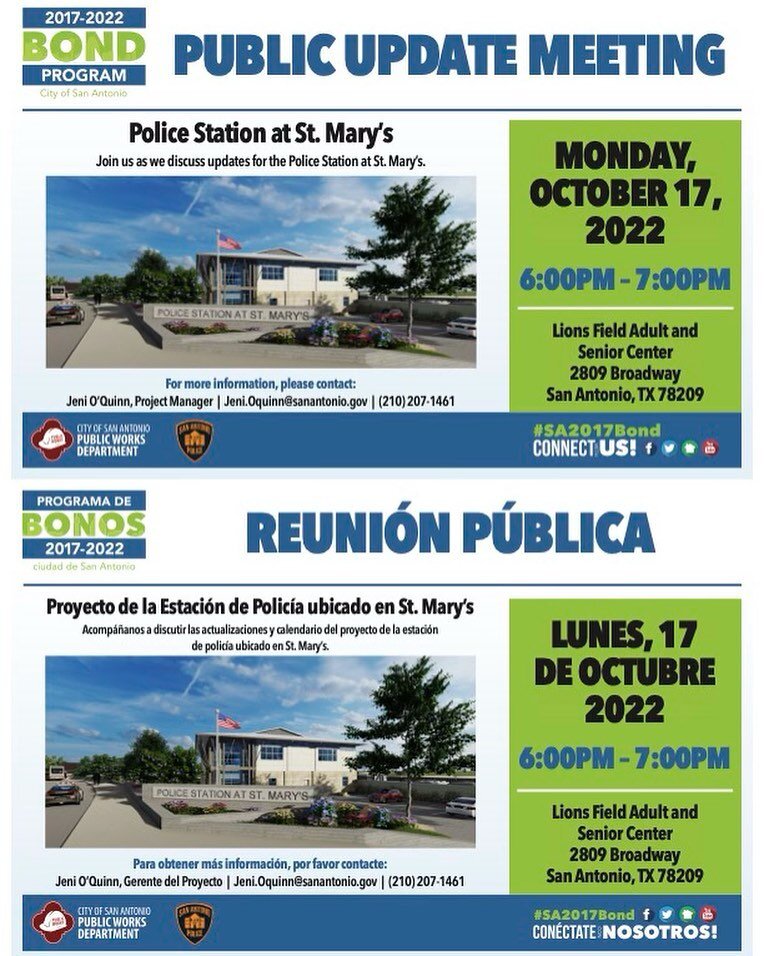 Please join COSA Public Works to learn more about the Police Substation being built  on N. Saint Mary&rsquo;s. October 17, 6pm at Lions Field Adult and Senior Center.