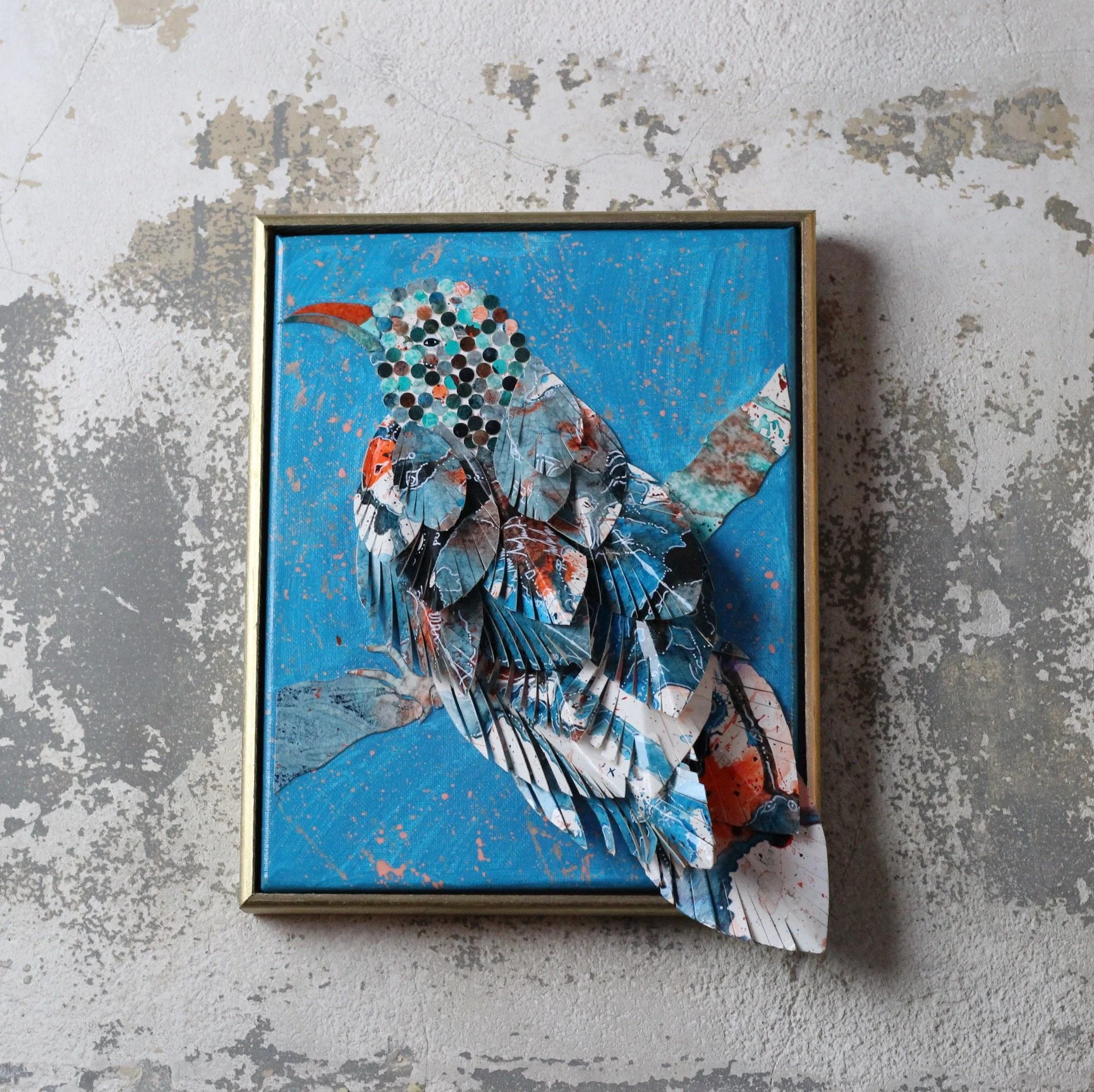 Mixed media art, canvas, paper, feather, acrylic on canvas, mixed media, paper painted paper