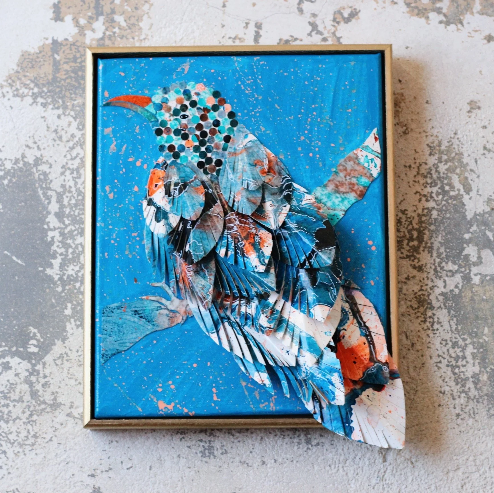 Mixed media art, canvas, paper, feather, acrylic on canvas, mixed media, paper painted paper
