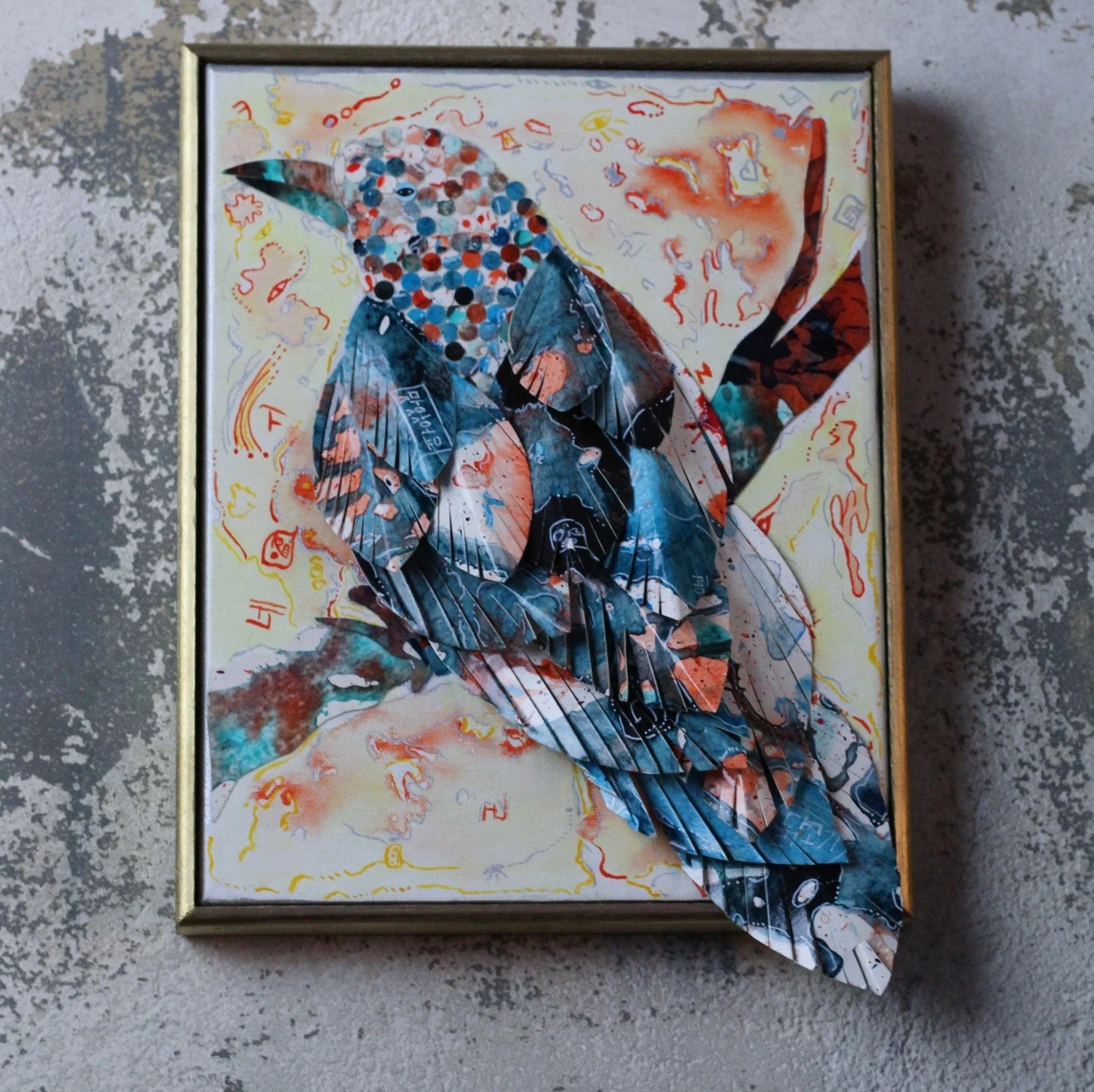 Mixed media art, canvas, paper, feather, acrylic on canvas, mixed media, paper painted paper