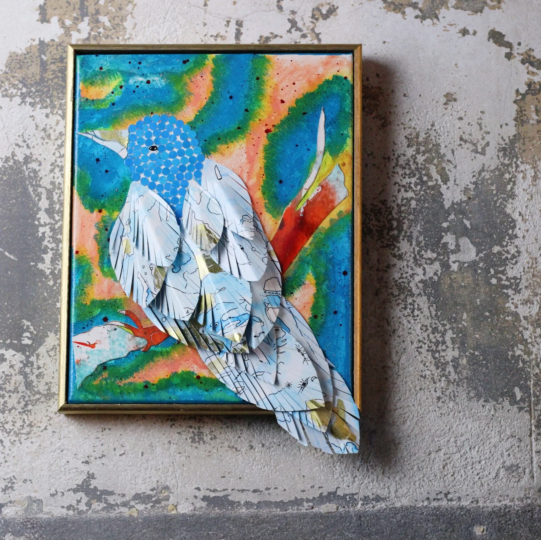 Mixed media art, canvas, paper, feather, acrylic on canvas, mixed media, paper painted paper