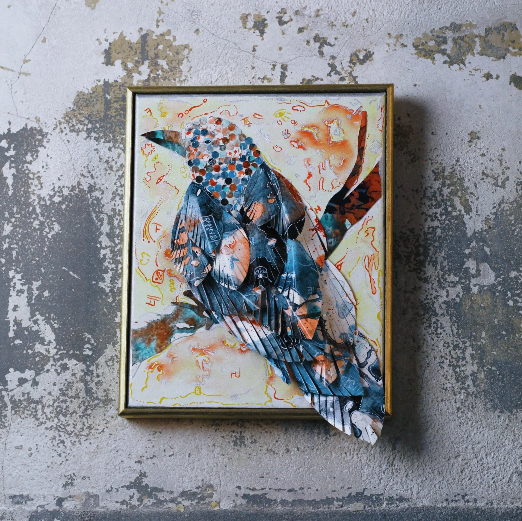 Mixed media art, canvas, paper, feather, acrylic on canvas, mixed media, paper painted paper