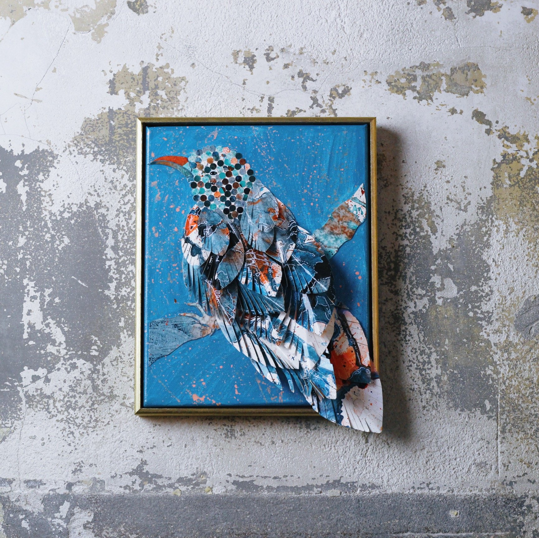 Mixed media art, canvas, paper, feather, acrylic on canvas, mixed media, paper painted paper