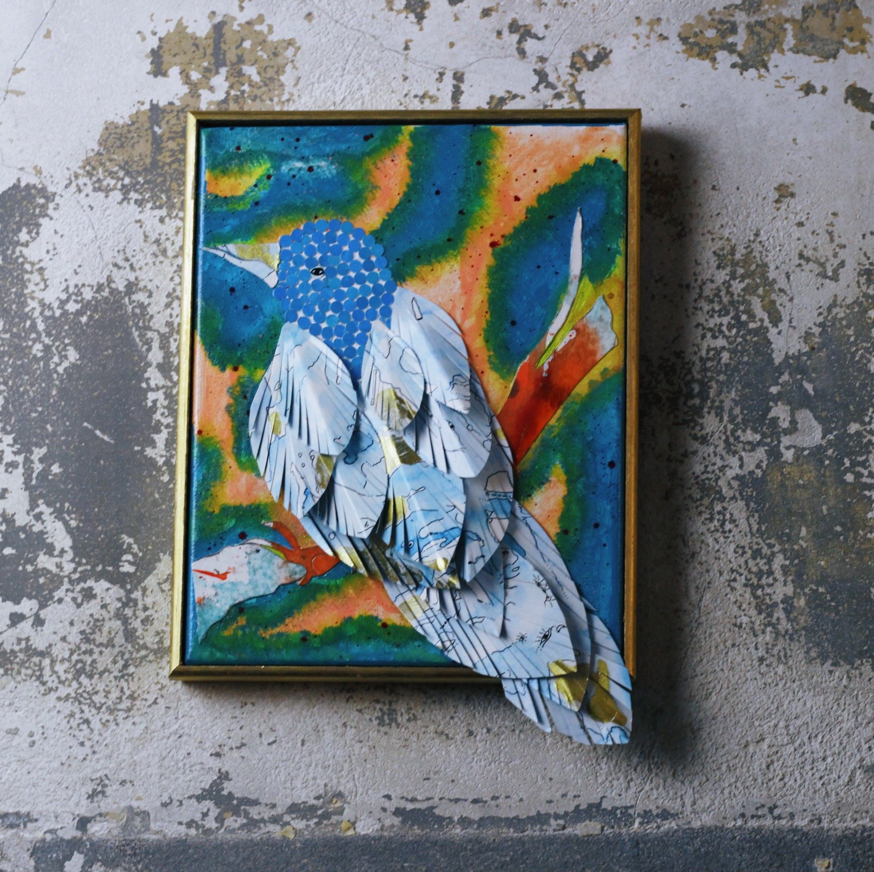 Mixed media art, canvas, paper, feather, acrylic on canvas, mixed media, paper painted paper