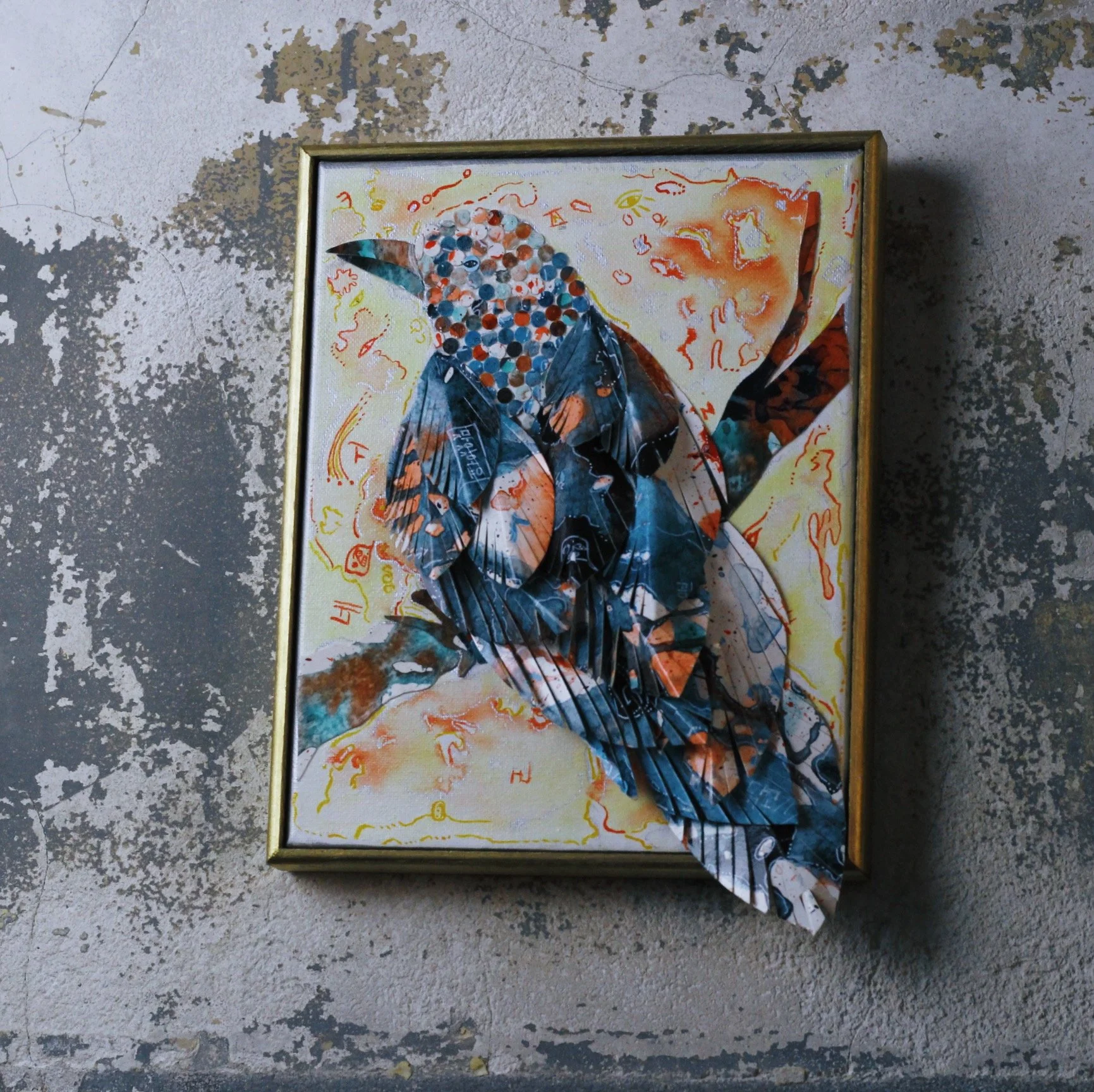 Mixed media art, canvas, paper, feather, acrylic on canvas, mixed media, paper painted paper