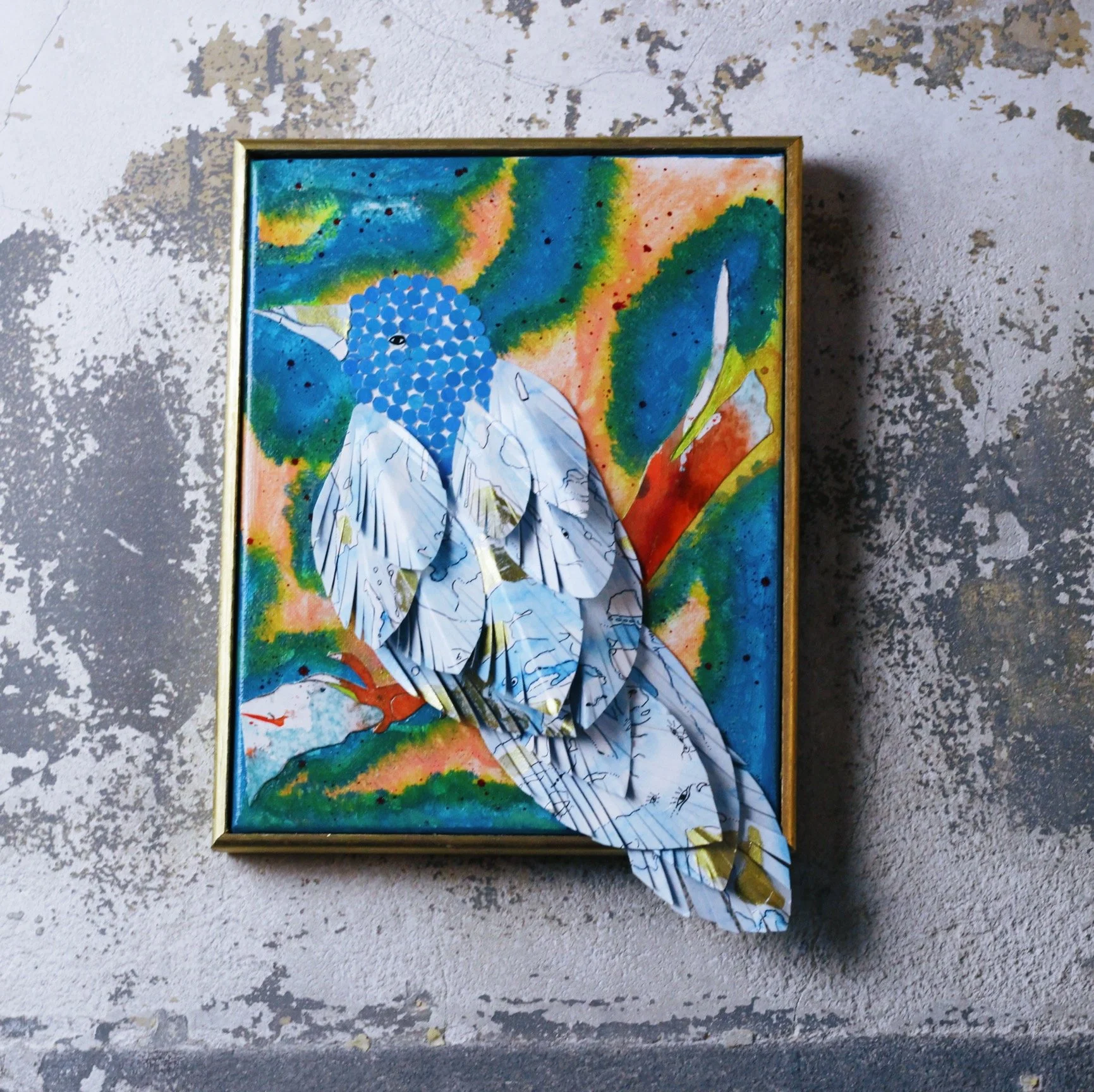 Mixed media art, canvas, paper, feather, acrylic on canvas, mixed media, paper painted paper