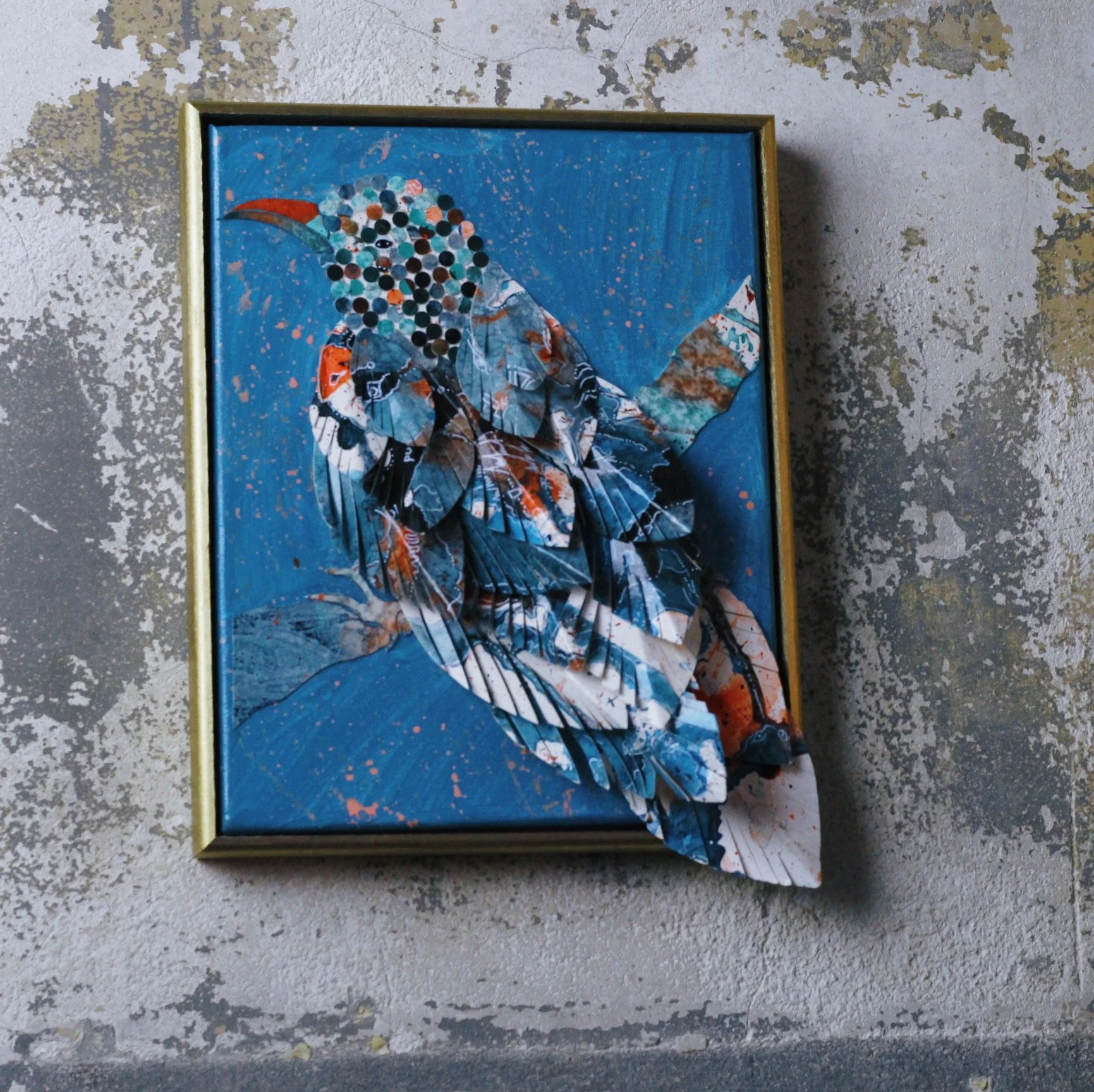 Mixed media art, canvas, paper, feather, acrylic on canvas, mixed media, paper painted paper