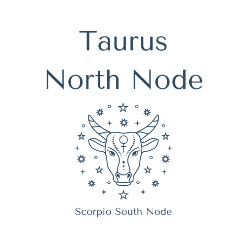 Illustration of a bull surrounded by stars, with text "Taurus North Node" and "Scorpio South Node" above and below the image.