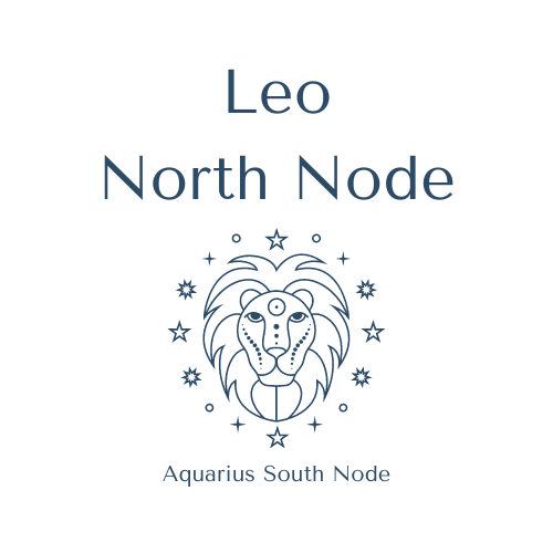 Leo North Node with Aquarius South Node symbol, featuring a lion's head surrounded by stars.