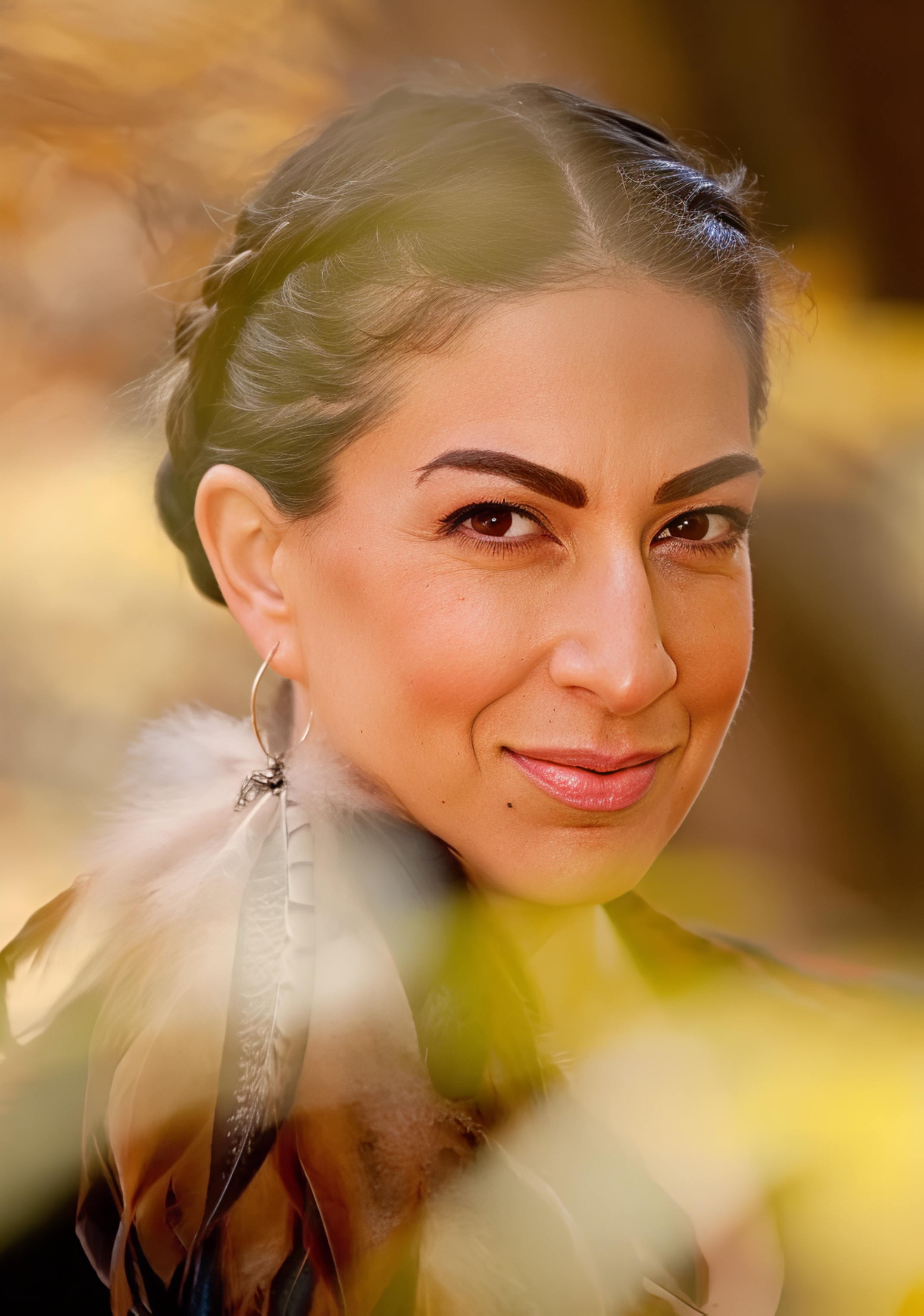 Woman with braided hair and hoop earrings, wearing a feather accessory, smiling slightly, with a blurred autumn background.