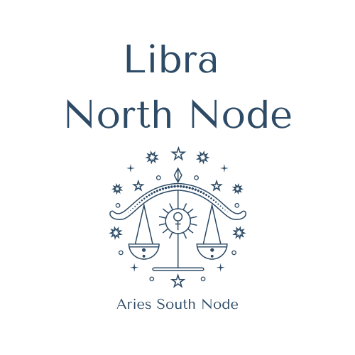 Illustration featuring the text 'Libra North Node' and 'Aries South Node' with a symbolic balance scale design, sun, moon, and stars.