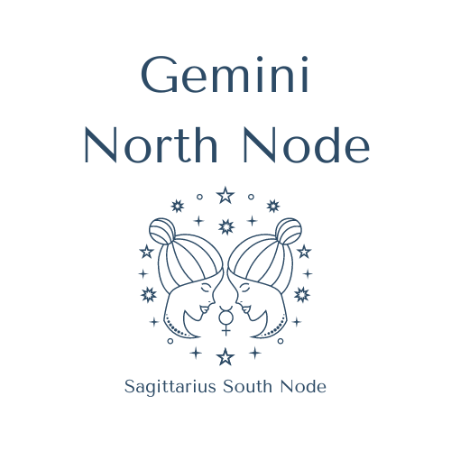 Design featuring "Gemini North Node" and "Sagittarius South Node" with twin illustrations and stars.