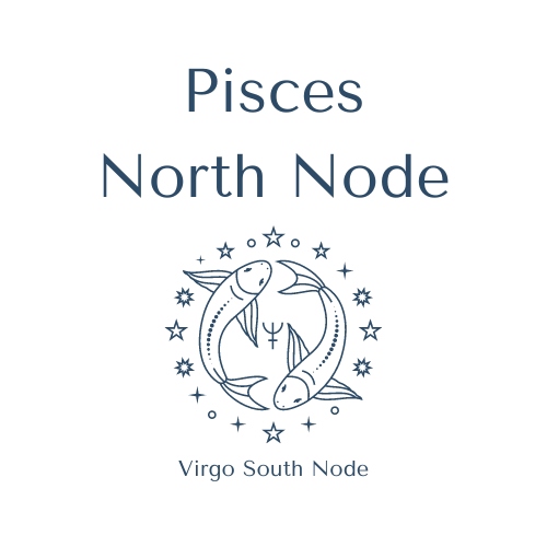 Illustration of Pisces North Node symbol with two fish encircled by stars, and text "Virgo South Node."