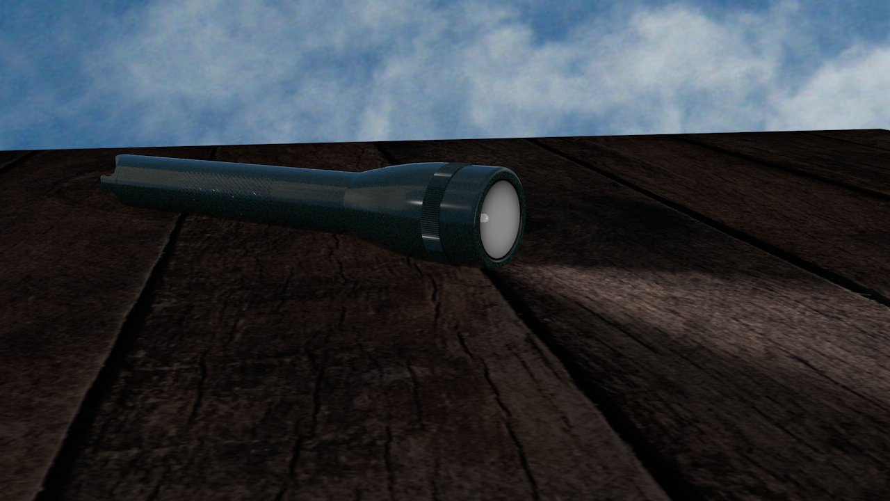 A 3D sculpted flashlight with lighting effects included.