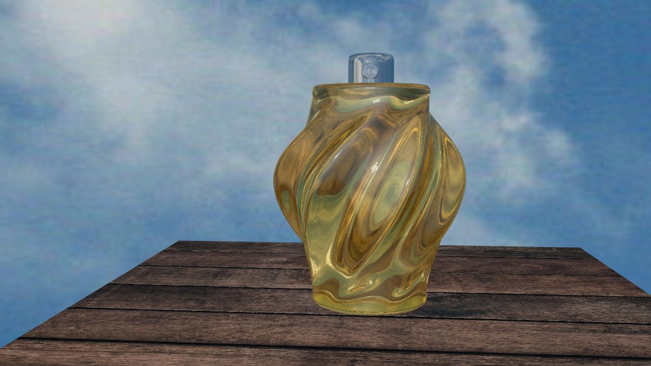 A lighted and rendered perfume bottle sculpted in Cinema 4D.