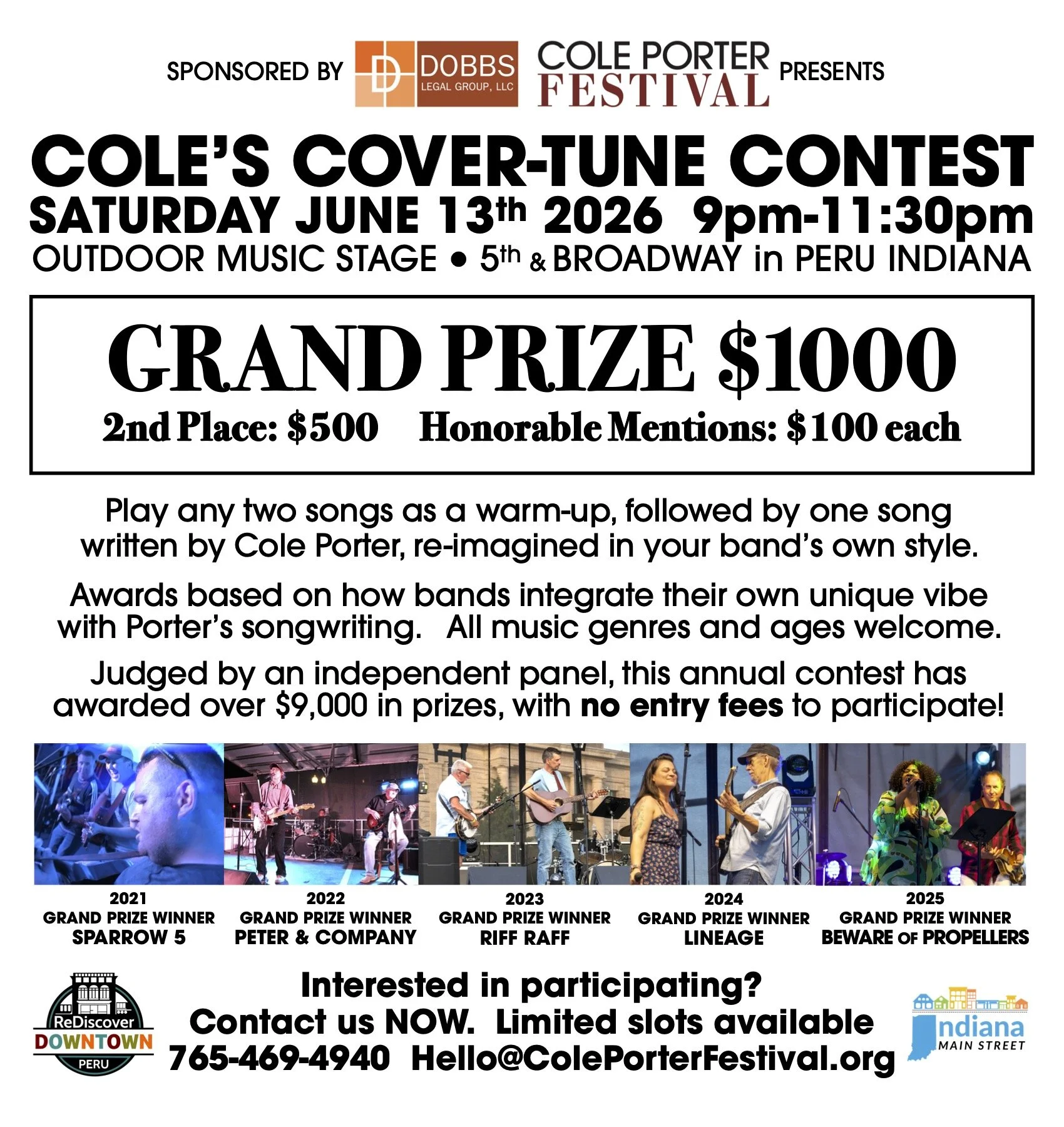 Poster for the Cole Porter Festival's cover-tune contest on June 13, 2026, from 9 pm to 11:30 pm in Peru, Indiana. Features information about prizes, themes, judging, and participation, with a photo collage of previous winners from 2021 to 2025 and contact details for entries.