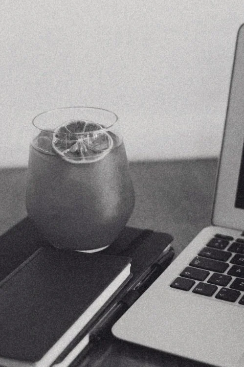 Glass of tea next to laptop, life-work balance, Pin Not Paper
