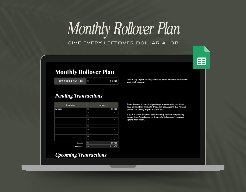 Monthly Rollover Plan Spreadsheet