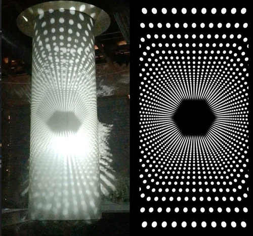Still frame from my animation content. This is from the show "Arrival" which is about the Sun being extinguished and then returned to its place in the sky. On the left you can see a fabric mockup of the Jewel waterfall I made to test out ideas using 