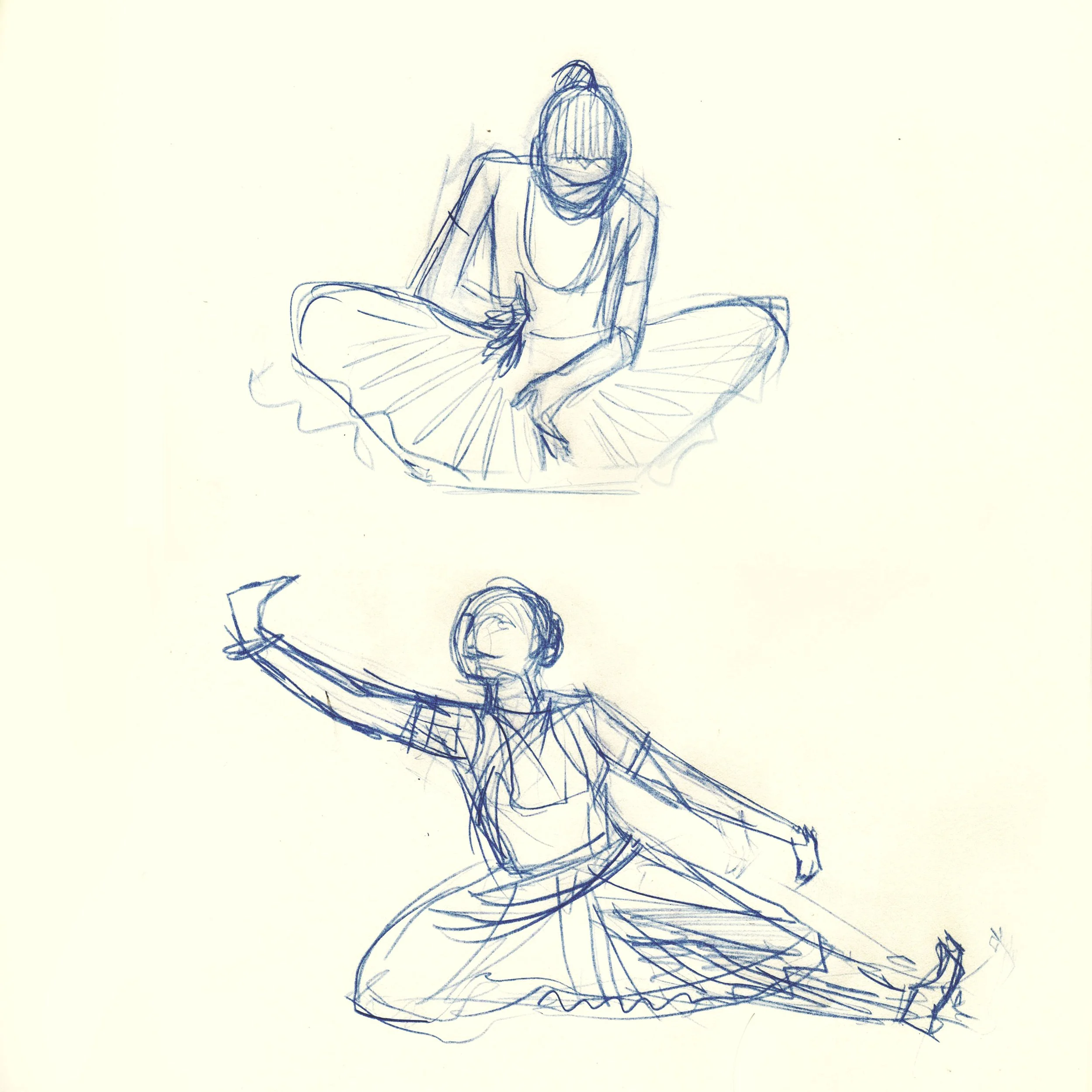 2014, Pencil on Post-It-Note, 4”x4”. Sketches of my Grandmother, who teaches a traditional Indian dance form called Carnatic dance. 