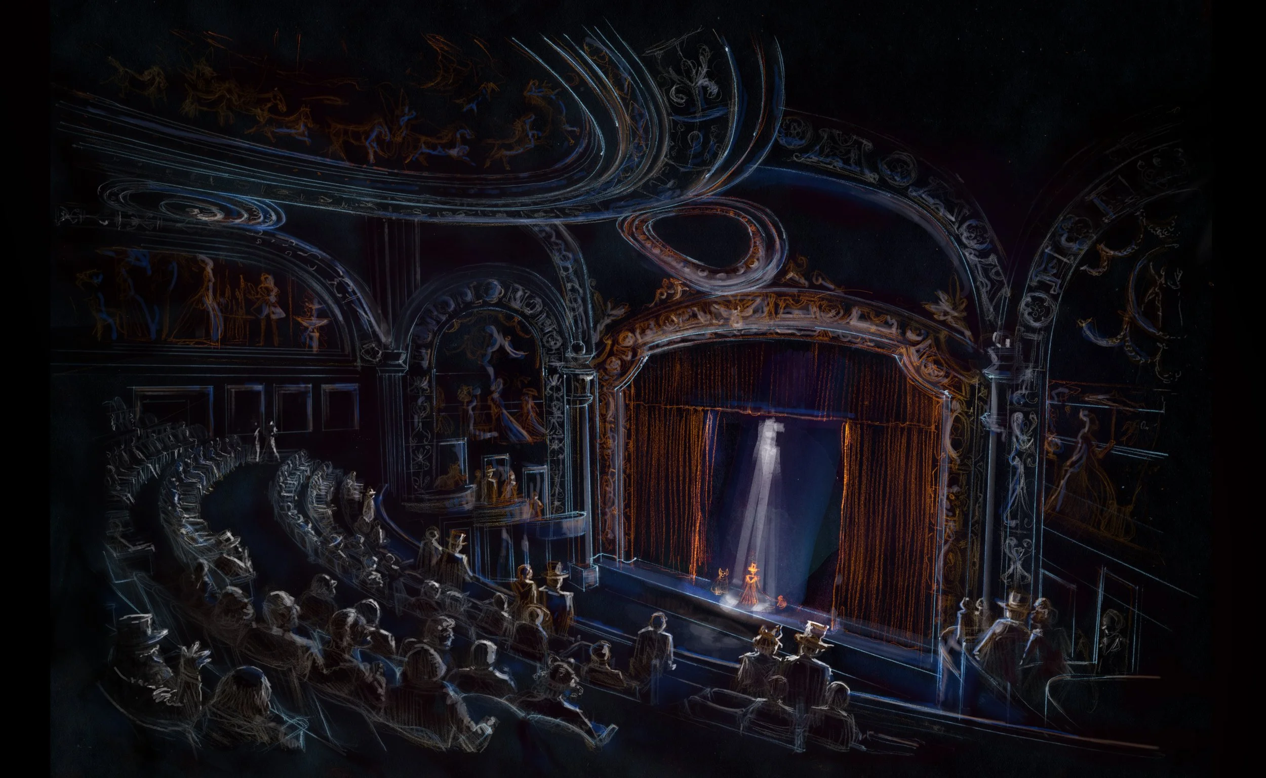 This is a sketch of an 19th century theater using ballpoint pen & watercolor.