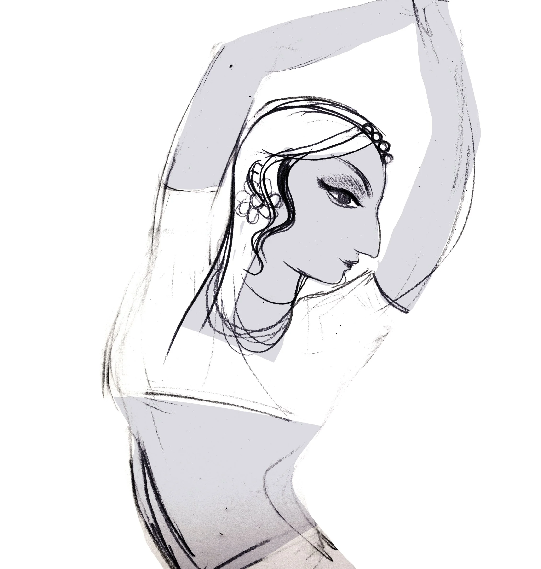 This is a sketch of a Nayika generalized from Indian paintings and sculptures of female heroine characters. Apparently the word Nayika comes from something called the "Natya Shashtra" - an ancient text about heroines in history. 